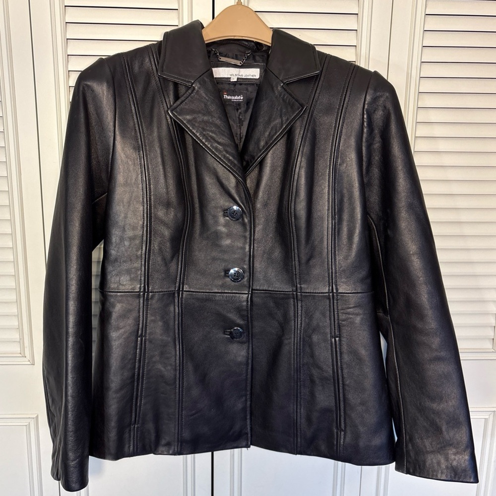 Wilsons Leather Women’s Large Black Genuine Leather Jacket Blazer Button Pockets